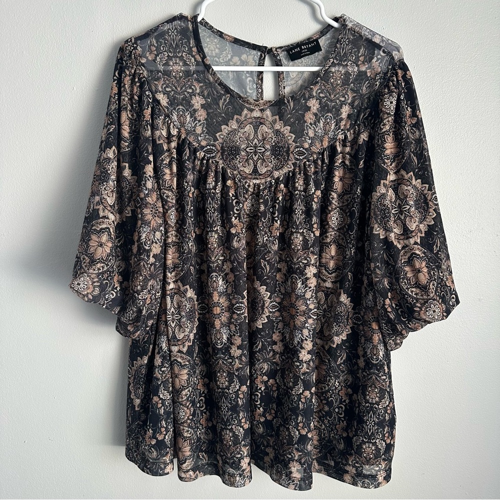 Lane Bryant 18/20 short sleeve floral black blouse mesh womens 2x 2xl